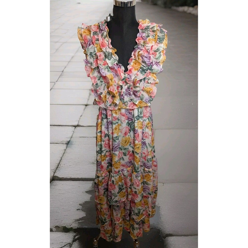 NWT STORIA Boutique Ruffle Floral Midi Dress Tiered Romantic Fun Size Medium New